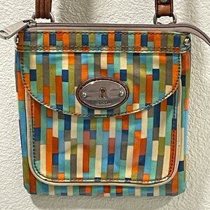 FOSSIL "Key-Per" Coated Canvas Crossbody Vintage Handbag Pockets, Multi "Stripe"